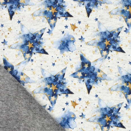 Stoff Sweatshirtstoff Alpenfleece Batik Sterne ecrú blau goldgelb