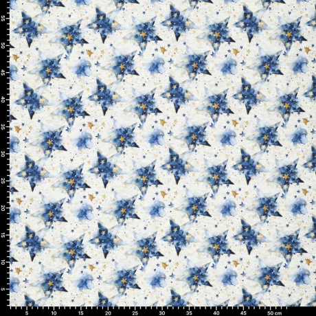 Stoff Sweatshirtstoff Alpenfleece Batik Sterne ecrú blau goldgelb