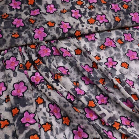 Stoff Chiffon mit Blumen Blüten Abstrakt Design grau pink orange