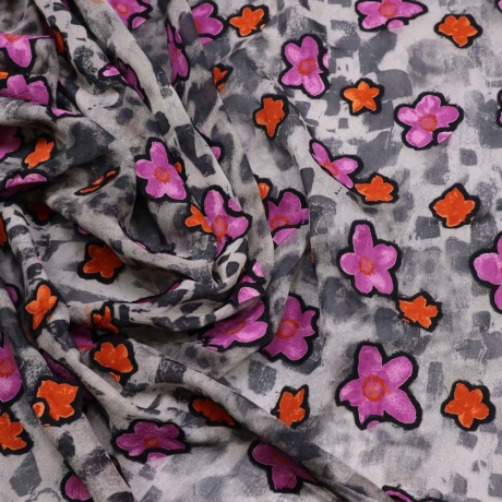 Stoff Chiffon mit Blumen Blüten Abstrakt Design grau pink orange