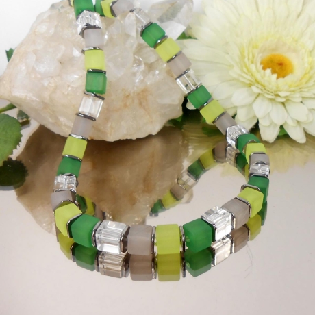 ღ WÜRFELKETTE  Grün Töne  mit GLAS Würfeln in klar /3766