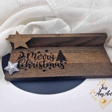 Weihnachtsgruss, Frohe Weihnachten, X-Mas mit Figur, Holz dunkel