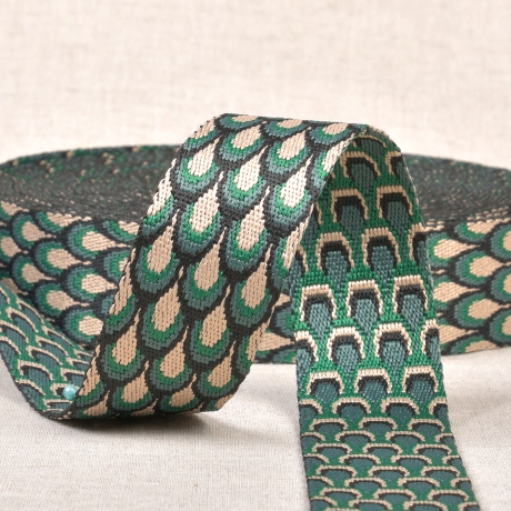 Gurtband Pfau-Muster 38 mm grün Pfauenfeder Pfauenauge