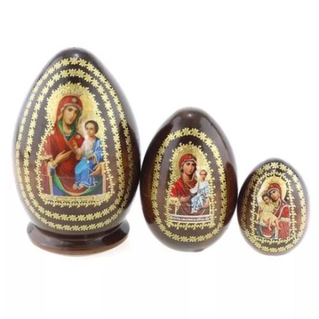 3er Matroschka Eiform Mutter Gottes, Ikonenbild, 12 cm