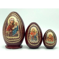 3er Matroschka Eiform Mutter Gottes, Ikonenbild, 12 cm