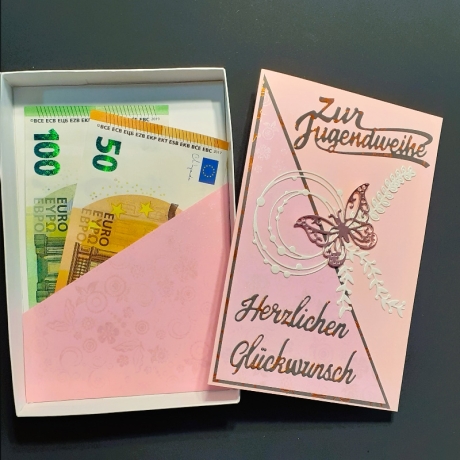 Jugendweihe-Geldgeschenk + Glückwunschkarte Geschenkbox in Rosa