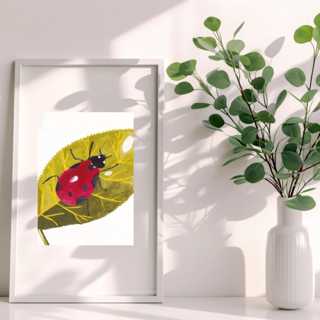 Marienkäfer auf Grünem Blatt Handgemaltes Aquarell Original 