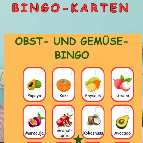 Obst und Gemüse Bingo Kartenspiel Bastelbogen für Kinder Spiel