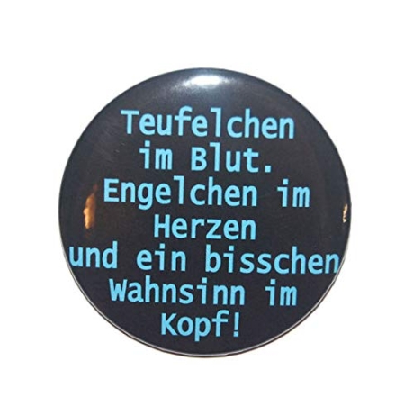 Button 25 mm mit Anstecknadel Spruch Teufelchen im Blut