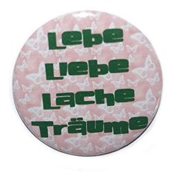 Button 50 mm mit Anstecknadel Spruch Lebe Liebe Lache
