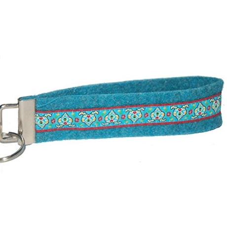 Schlüsselanhänger Schlüsselband kurz Wollfilz Filz blau Ornamente