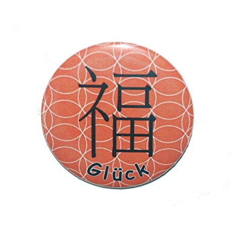 Button 50 mm mit Anstecknadel Motiv Chinesisch Zeichen Glück