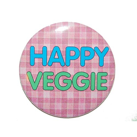 Button 50 mm mit Anstecknadel Spruch Happy Veggie