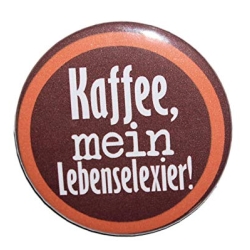 Button 50 mm mit Anstecknadel Spruch Kaffee, mein Lebenselexier