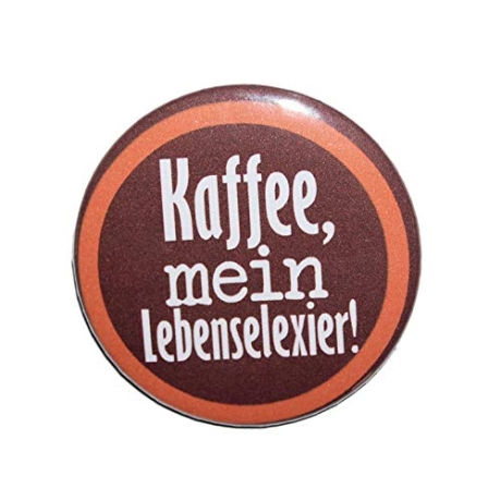 Button 50 mm mit Anstecknadel Spruch Kaffee, mein Lebenselexier