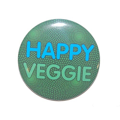 Button 50 mm mit Anstecknadel Spruch Happy Veggie