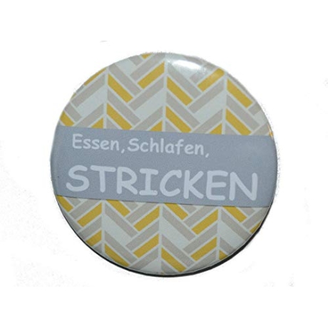 Button 50 mm mit Anstecknadel Spruch Essen Schlafen Stricken