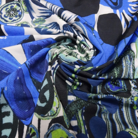 Stoff Viskose Slinky Jersey abstrakt Blumen blau grün ecrú bunt