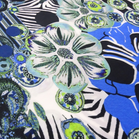 Stoff Viskose Slinky Jersey abstrakt Blumen blau grün ecrú bunt
