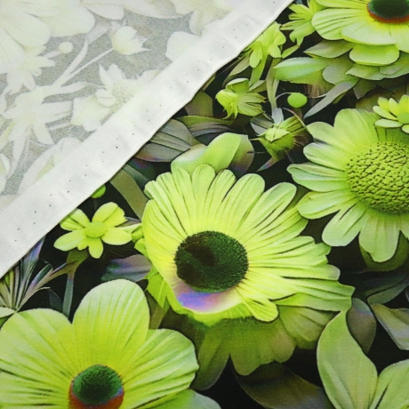 Stoff Viskose Jersey Blumenmuster Blüten grün gelb schwarz bunt