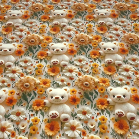 Stoff Baumwolle Jersey Teddy Bär Blumen cremeweiß orange beige