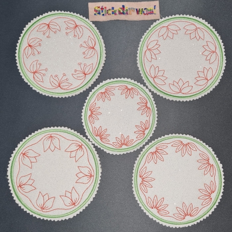 4x Stickdatei ITH Untersetzer Aster Ø 10 und 12 cm Stickdirwas