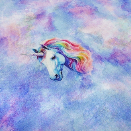 Stoff Baumwolle Jersey Einhorn Batik Himmel blau türkis rosa weiß