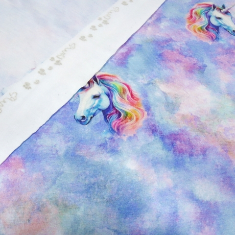 Stoff Baumwolle Jersey Einhorn Batik Himmel blau türkis rosa weiß