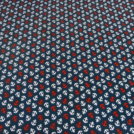 Stoff Baumwolle Popeline maritim Anker marine-blau weiß rot