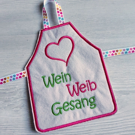 Flaschenschürze Wein Weib Gesang Stickdatei 3 Versionen 12x15cm 
