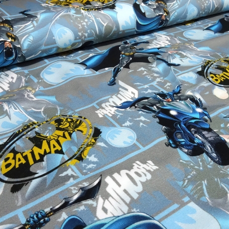 Stoff Baumwolle Jersey Batman Superhelden DC Comics grau blau