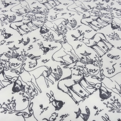 Stoff Baumwolle Jersey Waldtiere Hirsche Rehe Hasen weiß grau