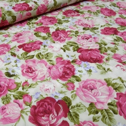 Stoff Baumwolle Popeline Rosen Blumen pink rosa grün blau weiß