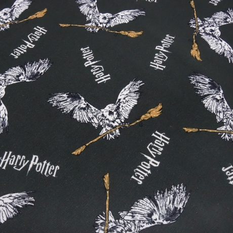 Stoff Baumwolle Jersey Harry Potter Eule Hedwig anthra braun weiß