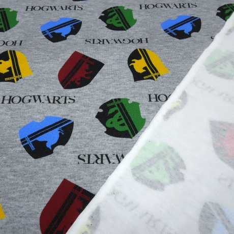 Stoff Baumwolle French Terry Harry Potter Hogwarts Wappen grau