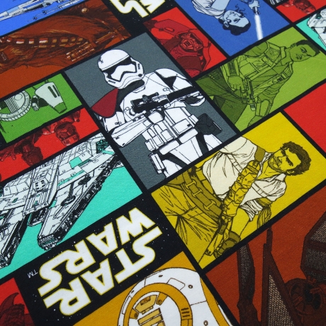 Stoff Baumwolle Jersey mit Star Wars Comic Design rot gelb grün