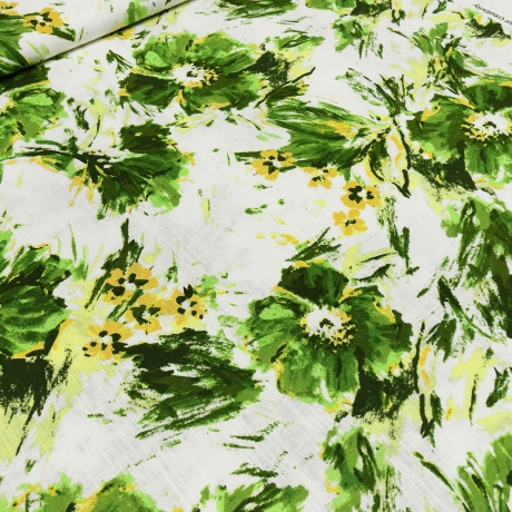 Stoff Viskose Leinen Kleiderstoff Blumen Design weiss grün gelb