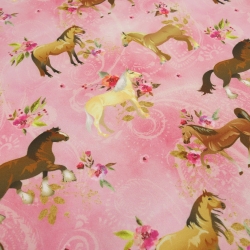 Stoff Softshell Pferde Pony Blumen Design rosa pink braun beige