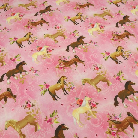 Stoff Softshell Pferde Pony Blumen Design rosa pink braun beige