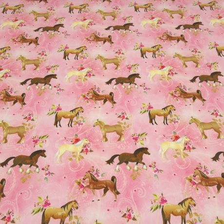 Stoff Softshell Pferde Pony Blumen Design rosa pink braun beige