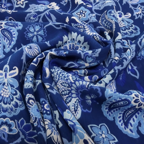 Stoff Yoryu Chiffon Crinkle Blumenmuster Design blau royal weiß
