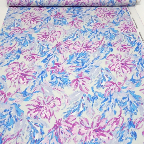 Stoff Baumwolle Satin Stretch Blumenmuster weiß blau pink rosa