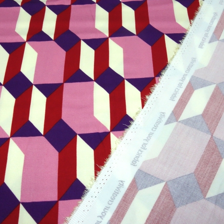 Stoff Viskose Satin grafisches retro Design rosa rot lila creme