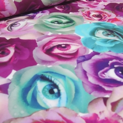 Stoff Baumwolle Jersey Rosen Blüten Augen pink rosa grün bunt