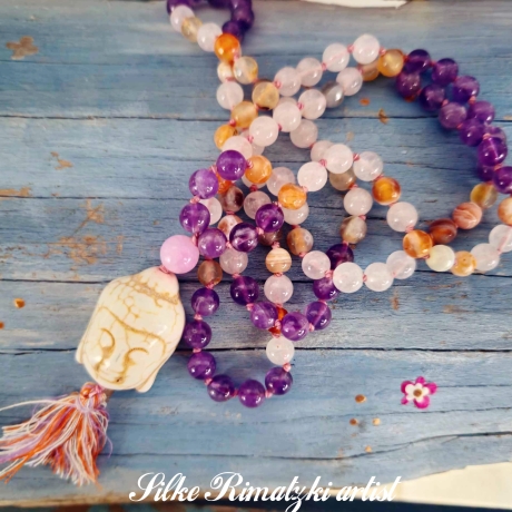 Mala Meditation Amethyst Rosenquarz Feuerachat Kette 108