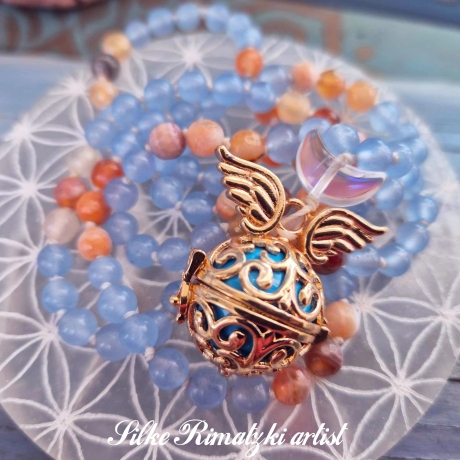 Himmels-Mala Engelsrufer blaue Jade Feuerachat Kette 108