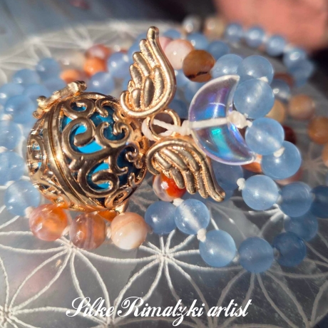 Himmels-Mala Engelsrufer blaue Jade Feuerachat Kette 108