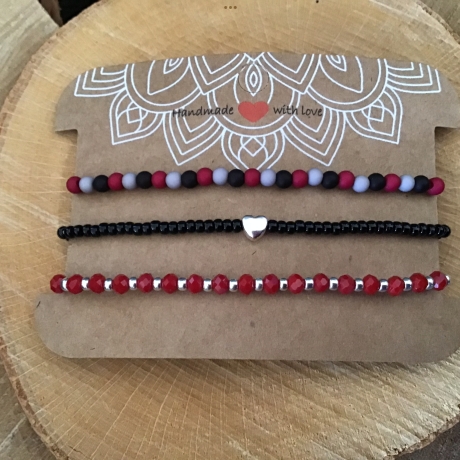 Schickes 3 teiliges Armband-Set in rot-grau-schwarz