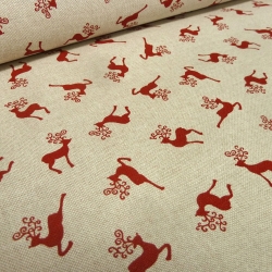 Stoff Baumwolle Dekostoff Leinen Optik Hirsche natur beige rot