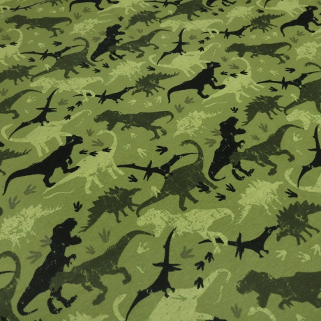 Stoff Sweatshirtstoff Alpenfleece Dinosaurier grün oliv schwarz